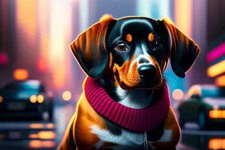 dog wearing a scarf, with a vibrant cityscape in the background.