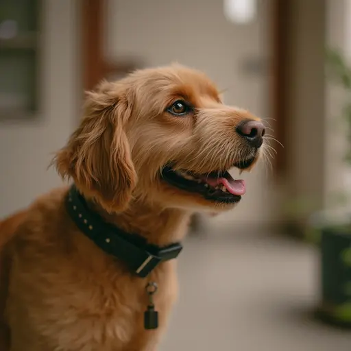 A brown dog with a blue collar featuring a pendant, indoors with a blurred background.