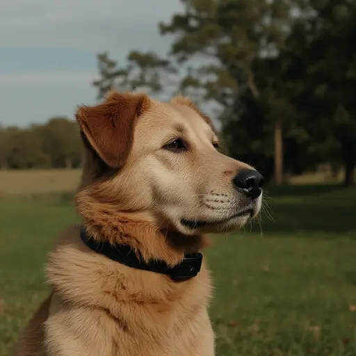 A golden retriever dog wearing a collar, gazing into the distance in a grassy field.