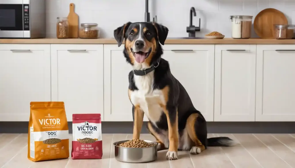 Healthy dog sitting next to Victor dog food bag and bowl, representing quality and innovation.