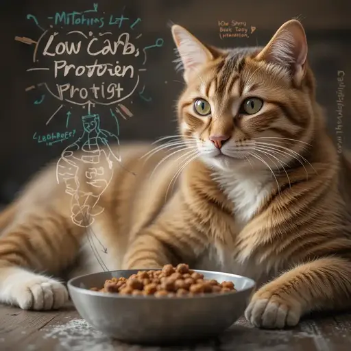 An orange tabby cat lounges beside a bowl of kibble.