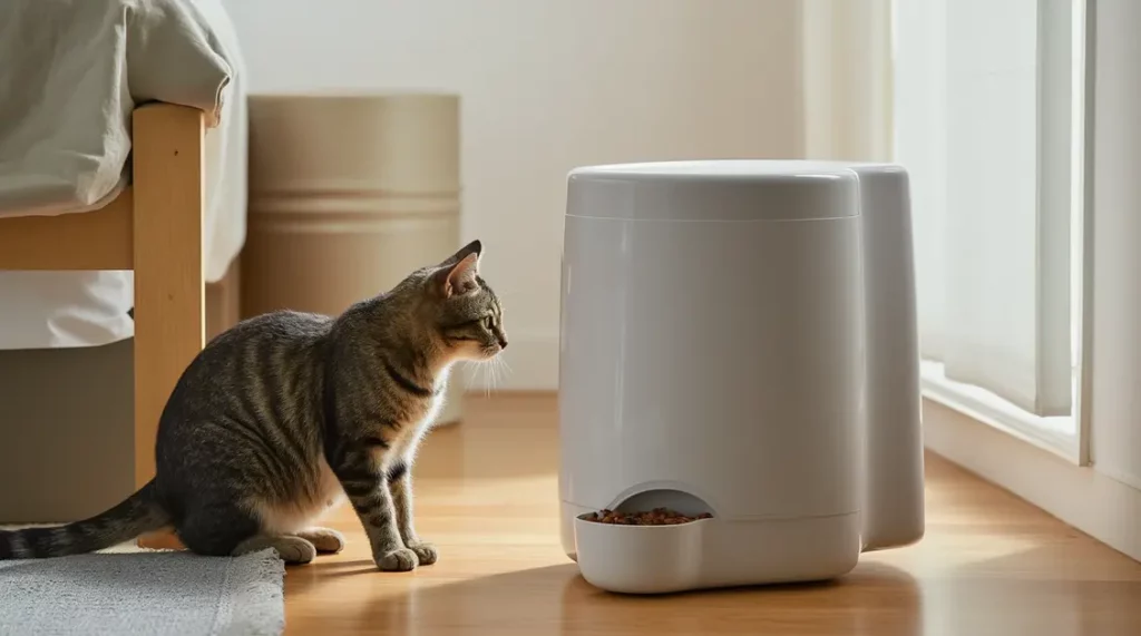 A cat looking at an automatic cat feeders dispenser in a sunny room.