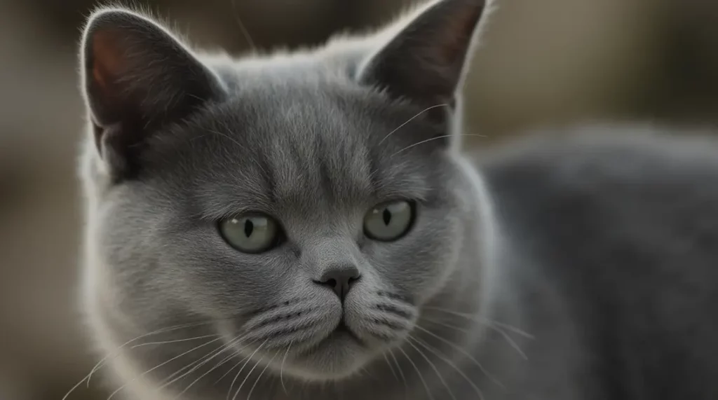 A grey Chartreux Cat with striking green eyes looking to the side.