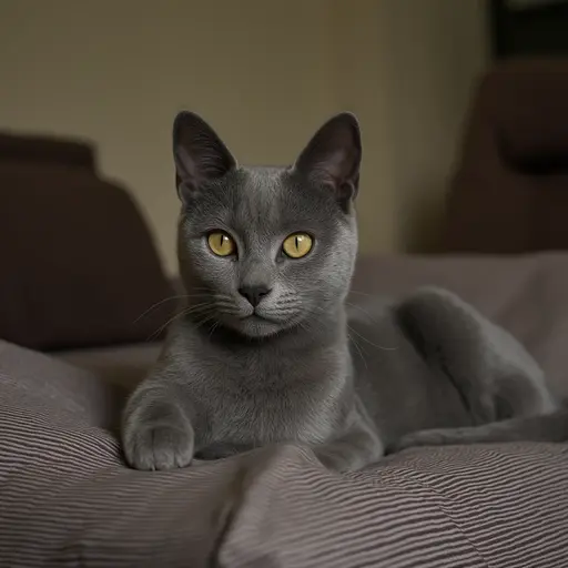 A gray cat with yellow eyes resting on a ribbed comforter.