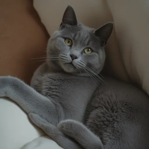 A gray cat with yellow eyes lounging on a beige surface.