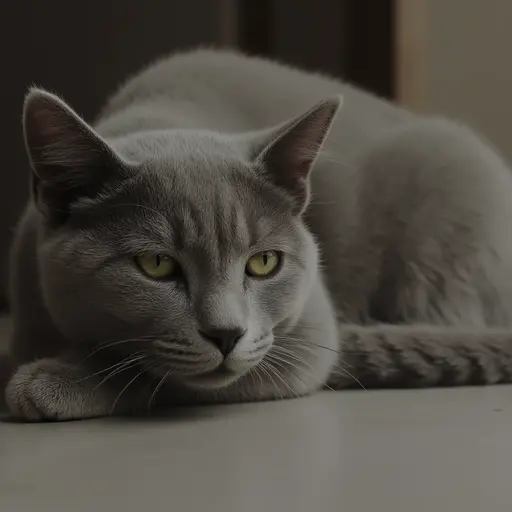 A gray cat with yellow eyes lying down and looking directly at the camera.