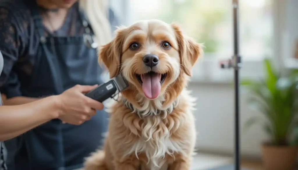 Dog being groomed at home with electric dog clippers, showcasing easy and safe grooming.