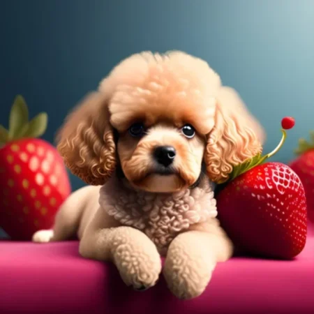 A cute apricot toy poodle lying down with large strawberries nearby.