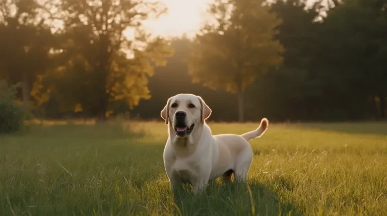 English Labrador standing in a sunlit field with trees in the background.