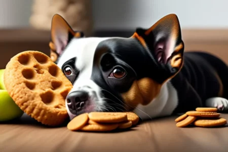 A dog lying down, eyeing a cookie closely, with more snacks and a fruit around.