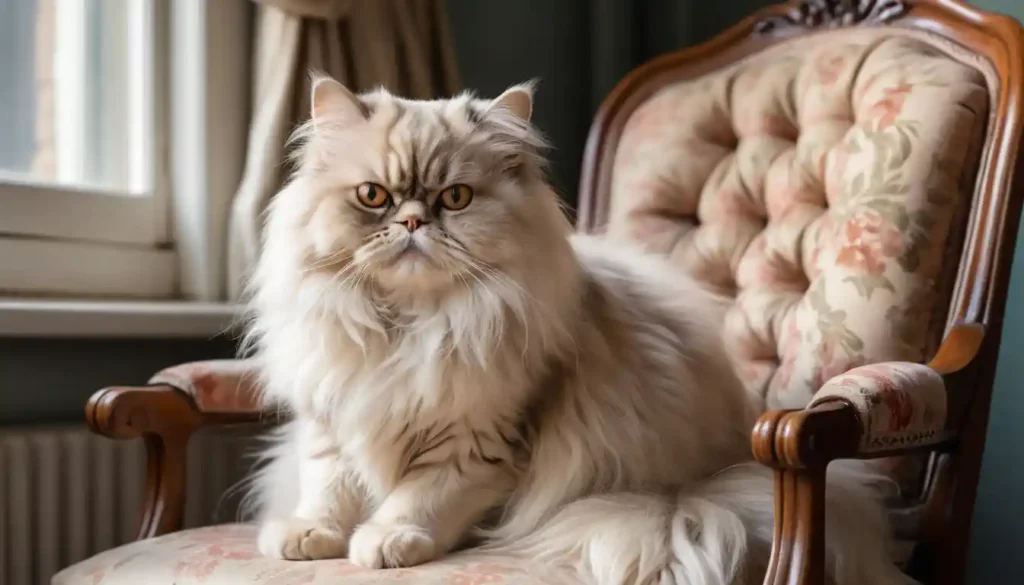 Elegant Persian cat with long fluffy fur sitting gracefully, showcasing its beauty and charm.
