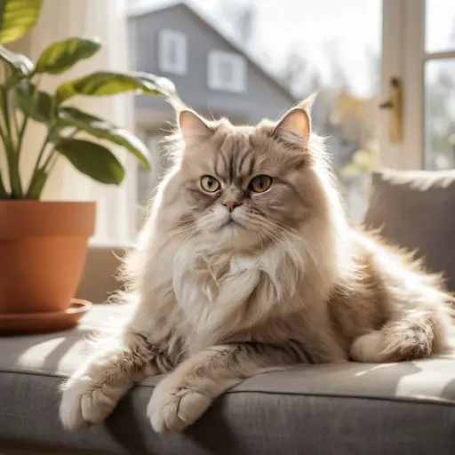 A Persian cat, looking cream and silver, lounges on a couch.
