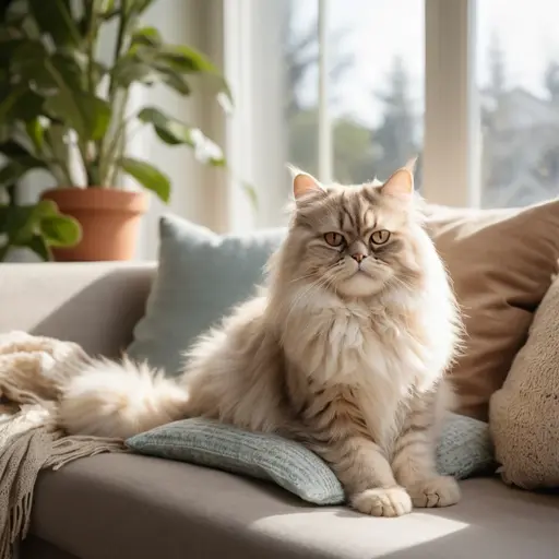 A Persian Cat lounges on a cozy sofa, surrounded by soft pillows and sunlight streaming through the windows.