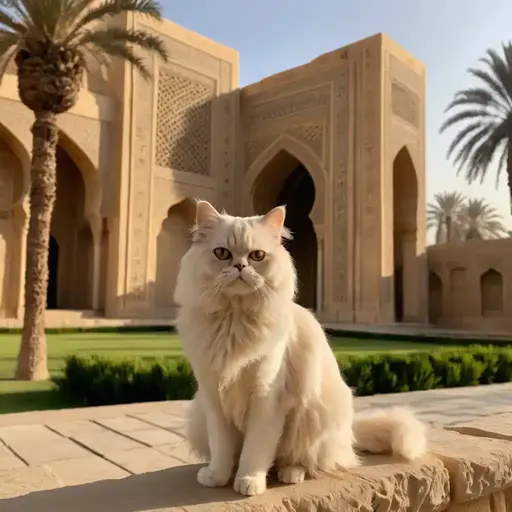 Persian cat with striking eyes sits elegantly in front of a majestic architectural structure, surrounded by palm trees and greenery.
