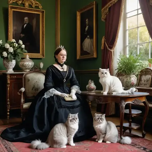 A queen in a black gown sits elegantly in a lavish room, accompanied by three Persian cats.