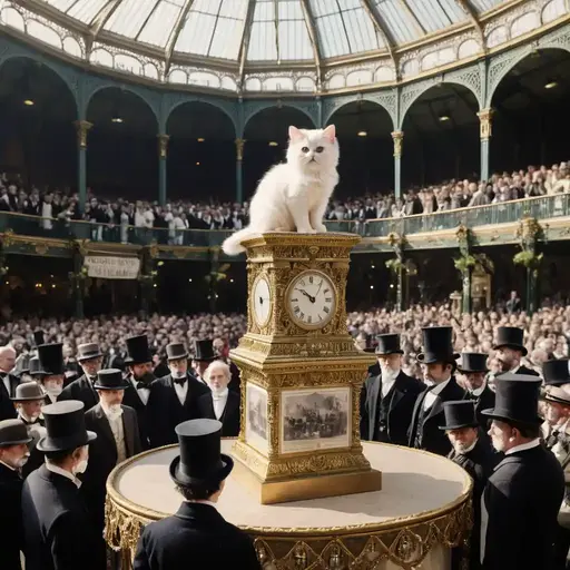 Persian cat sits triumphantly on an ornate clock pedestal, surrounded by a captivated crowd of Victorian-era gentlemen in top hats.