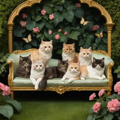 A charming scene of eight Persian cats lounging on a vintage sofa adorned with roses and butterflies in a lush garden.
