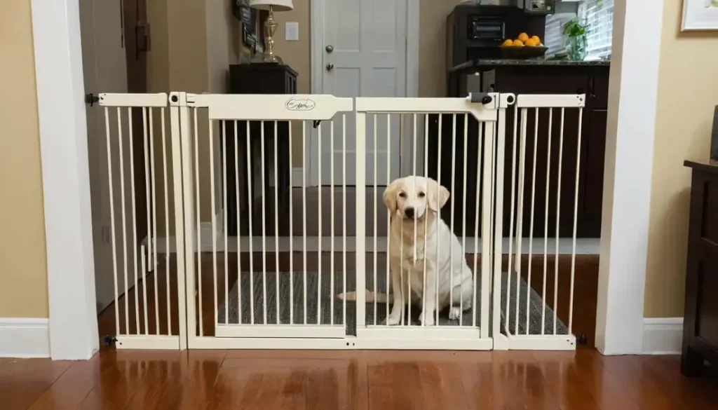 A Labrador retriever sitting behind a white metal pet gate inside a home.