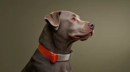 brown dog with a red collar against a neutral background.