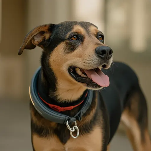 A close-up of a dog wearing a collar, with its head partially obscured.