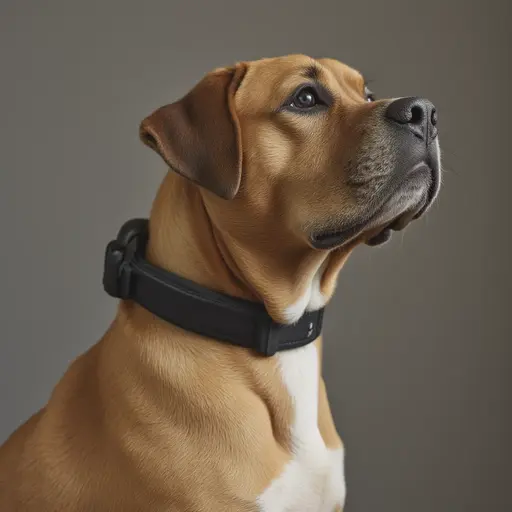 A brown dog with a black collar looking up thoughtfully against a grey background.