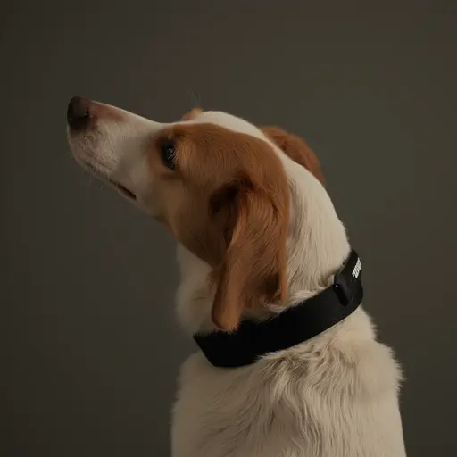 white and tan dog with a black collar against a gray background.