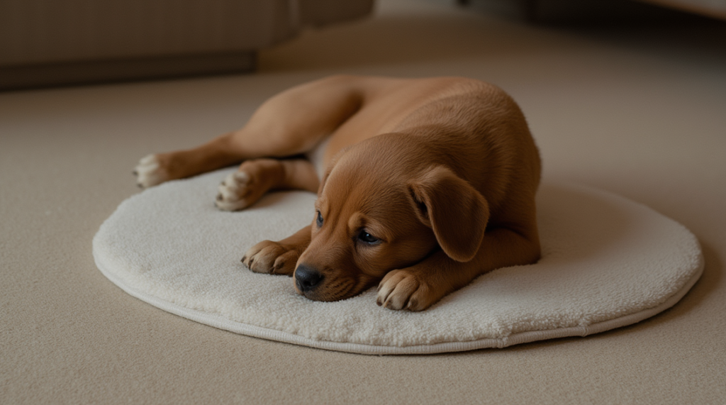 A brown puppy lying on a beige mat with a thoughtful expression.