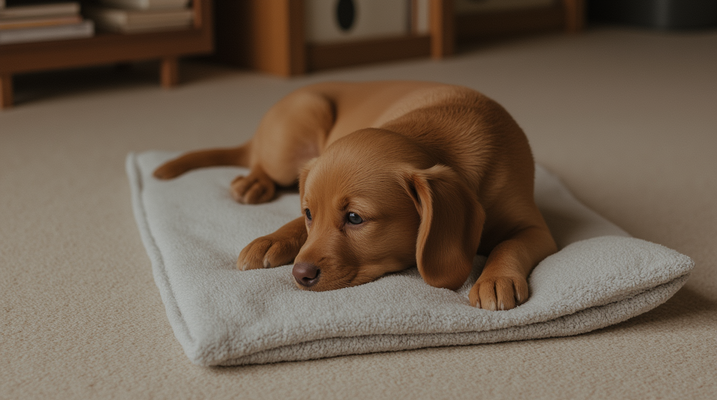 A dog lying on a white pillow with its head and upper torso obscured.