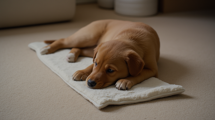 A tan puppy lying on a white mat indoors, looking pensive.