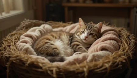 A pregnant cat resting peacefully in a nesting box, showcasing the care and comfort needed during cat pregnancy.