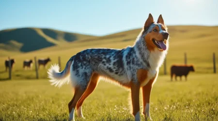 Australian cattle dog standing in a sunny field with horses in the background.