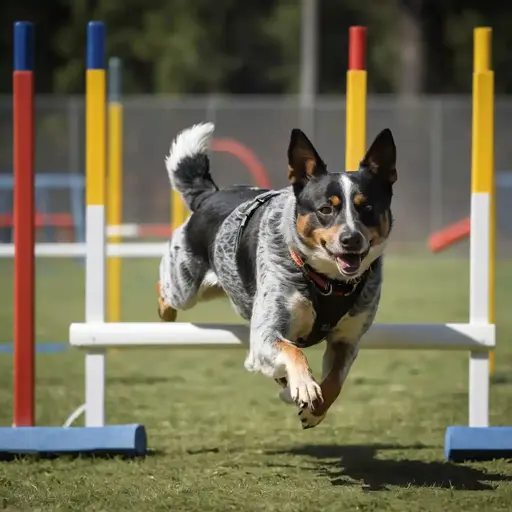 A vibrant blue heeler dog leaps confidently over a white agility jump in a sunny training field, displaying joy and energy.