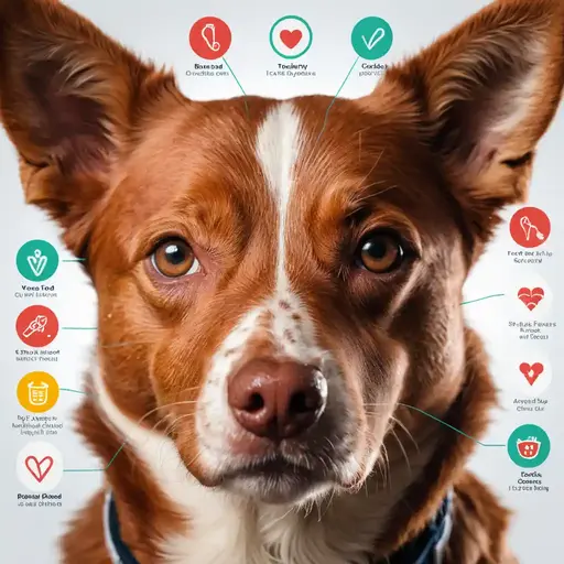 A colorful infographic about dog care, featuring tips and resources like grooming, health, and socialization, surrounded by dog ears.