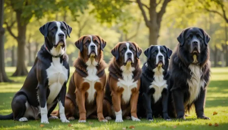 Group of big dog breeds sitting peacefully in a park, showcasing their gentle nature.