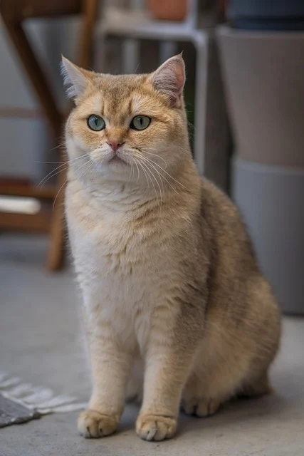 A British Shorthair cat with striking blue eyes sitting indoors.