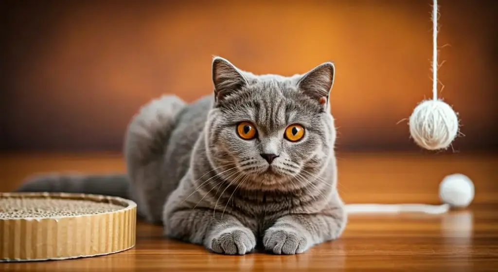 British Shorthair lies on a wooden floor, gazing intently at a hanging yarn ball above it.