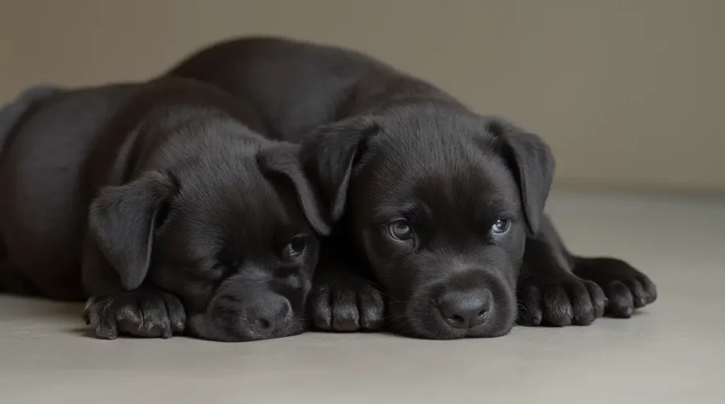 Black puppy lying down with its head resting on its paws.