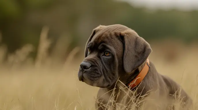 A brown dog with a collar lying in grass.