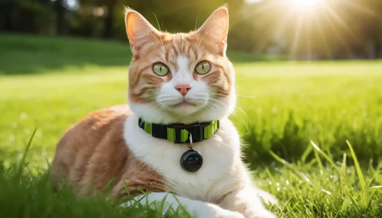 Cat wearing a GPS tracker collar outdoors, ensuring safety and peace of mind.