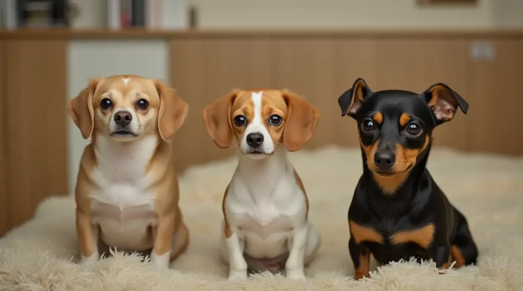 Three dogs sitting side by side on a fluffy rug.