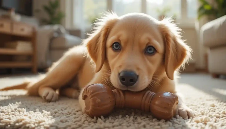 A golden retriever puppy happily chewing on a durable rubber dog chew toy in a cozy living room setting, emphasizing safe and engaging playtime for dogs.