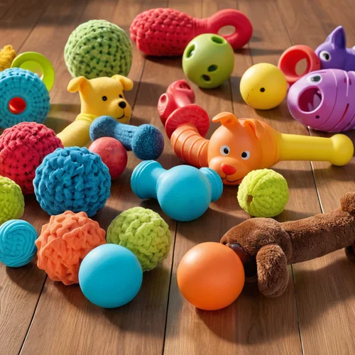 Assorted colorful dog toys scattered on a wooden floor.