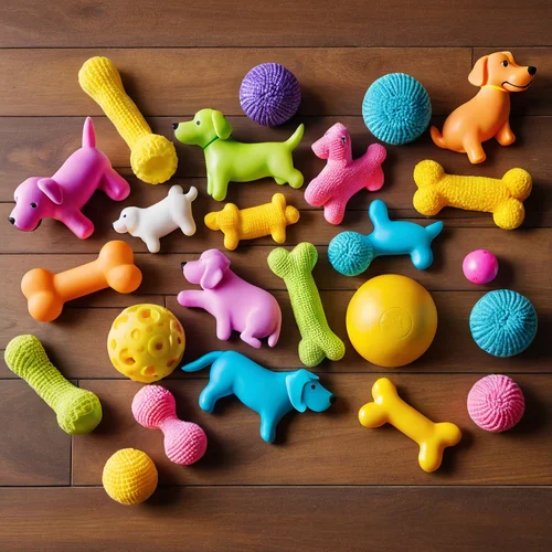 Assortment of colorful dog toys, including bones and balls, on wooden floor.