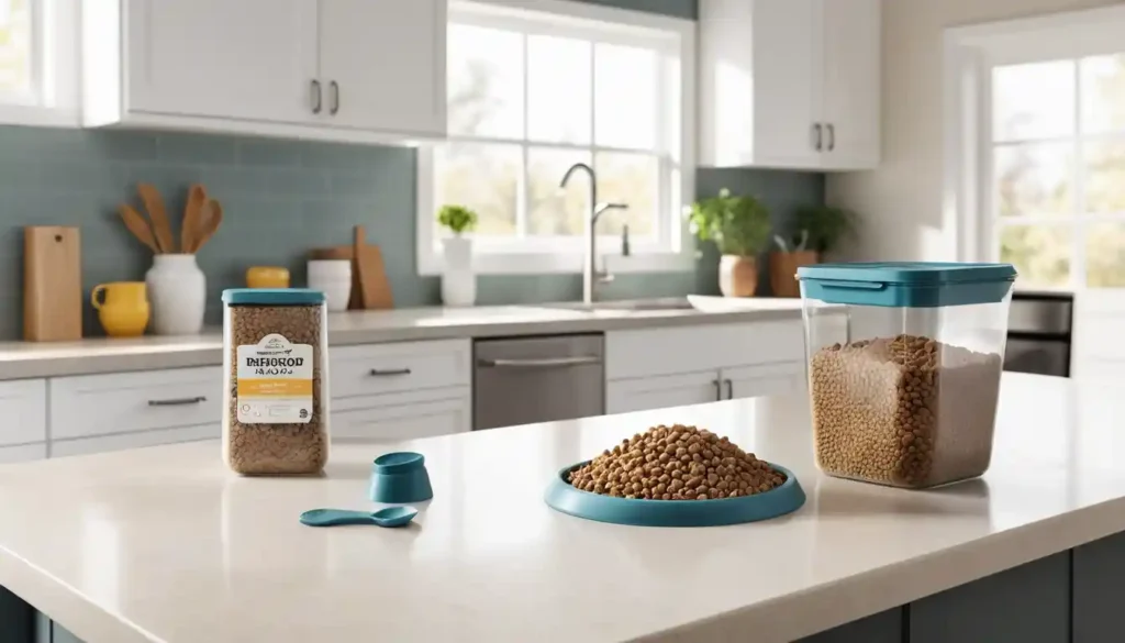 Airtight dog food container with kibble and a dog beside it, showing freshness and safety.
