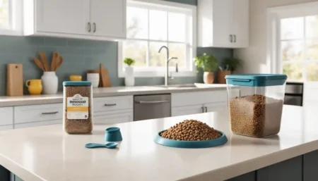 Airtight dog food container with kibble and a dog beside it, showing freshness and safety.