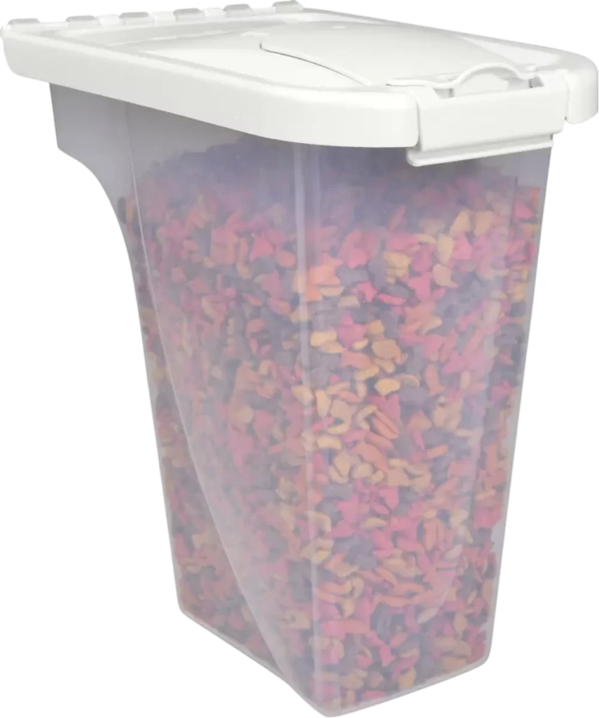 A transparent container filled with multi-colored dry pet food and a closed white lid.