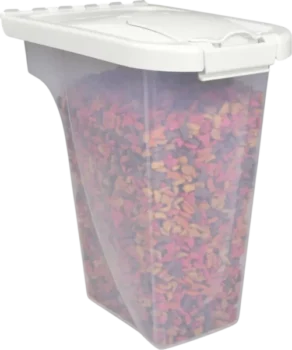 Transparent dispenser filled with multi-colored pet food on a white background.