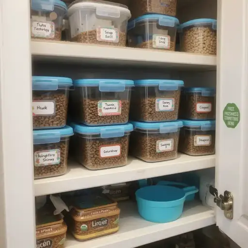 A neatly organized pantry with labeled containers of pet food.