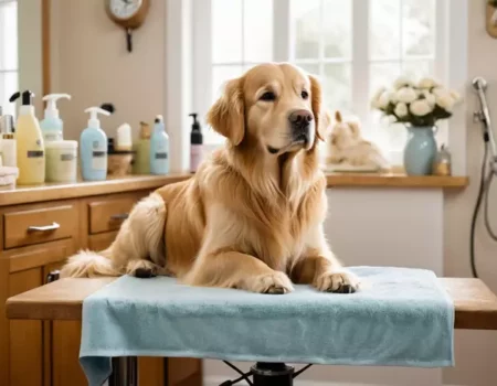 Golden Retriever dog sitting on a grooming table with pet care products in background.