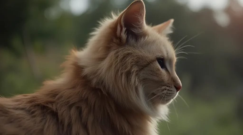 Profile of a fluffy ginger cat with a soft-focus green background.